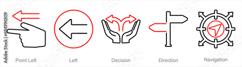 A set of 5 Direction icons as point left, left, decision