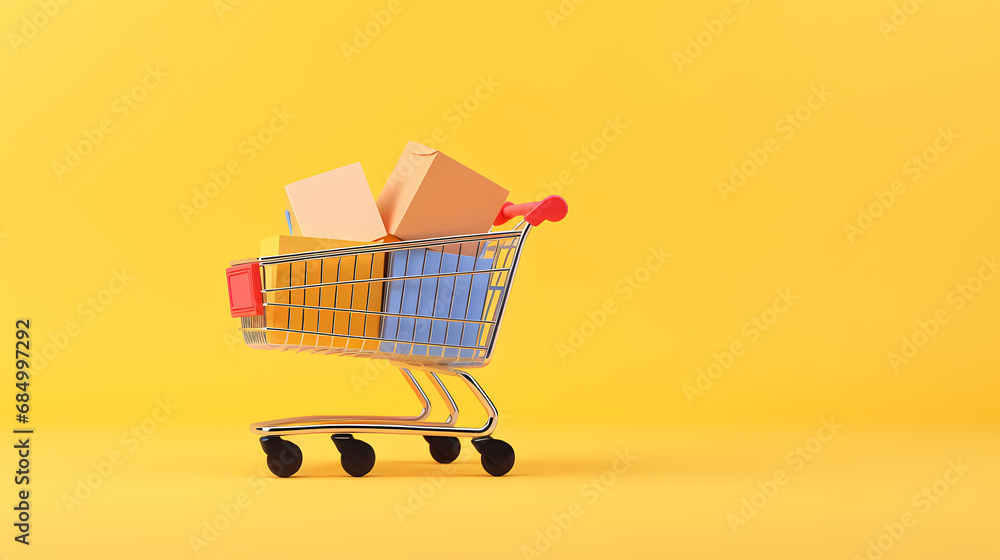 Small paper shopping bags with shopping cart on yellow background