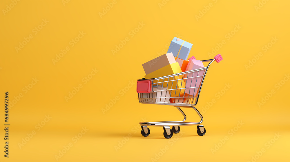 Small paper shopping bags with shopping cart on yellow background Small paper shopping bags with shopping cart on yellow background