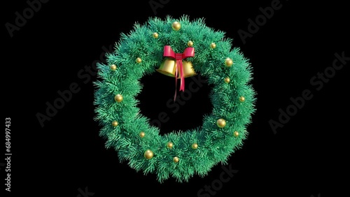 Christmas fir pine wreath with golden balls, dangling bells and animated bow ribbons. 4K, Loop, Matte, Blue screen.
