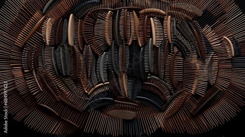 A composition of hairbrushes and combs arranged to form an abstract, visually intriguing pattern. The image evokes a sense of artistry.