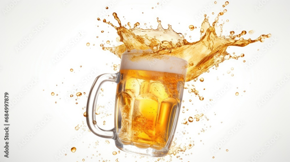 Cheers cold beer with splash coming out of mug isolated - obrazy, fototapety, plakaty 
