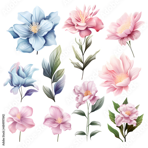 Set of 3D digital paintings of flowers and leaves. Pastel colors, bright colors, AI generated © kan