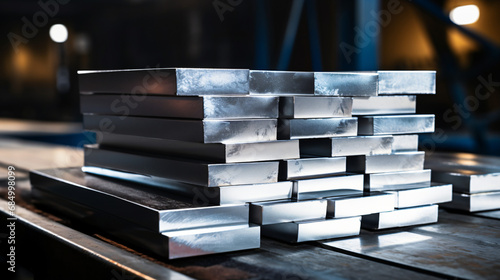 Heap of shiny aluminum billets in factory