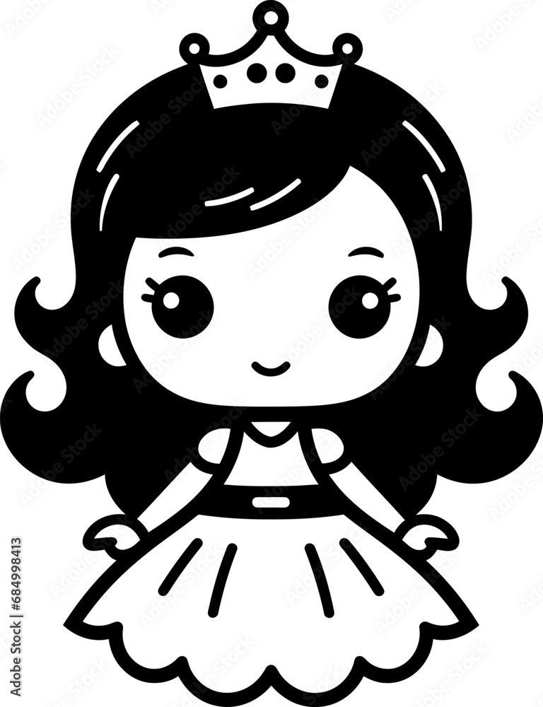 Cute little princess icon silhouette in black color. Vector template design.