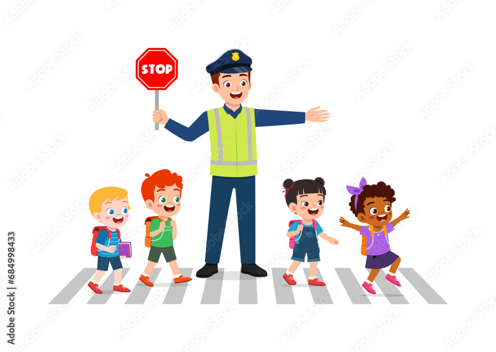 police man help little kid to cross the road police man help little kid to cross the road
