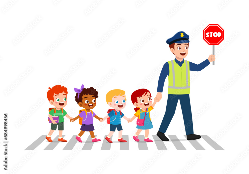 Fototapeta premium police man help little kid to cross the road