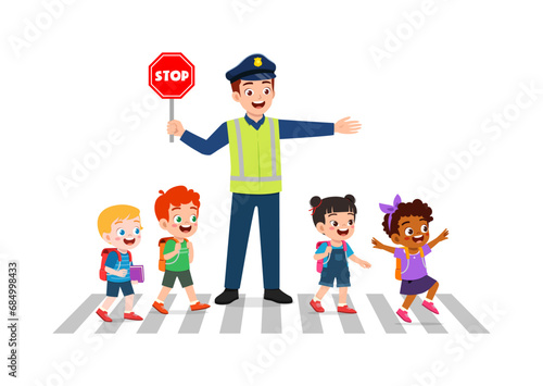 police man help little kid to cross the road