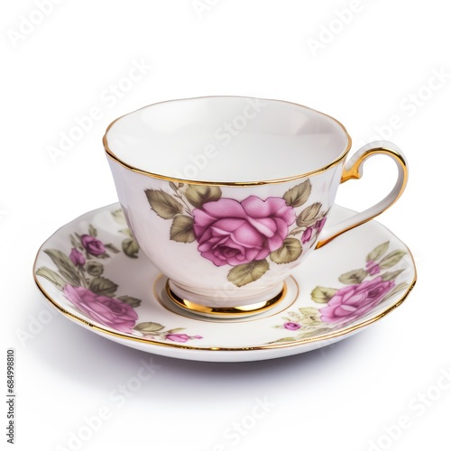 Vintage Floral Porcelain Teacup and Saucer Isolated on White Background