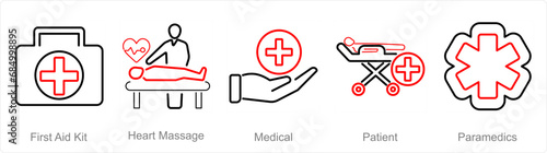 A set of 5 Emergency icons as first aid kit, heart massage, medical