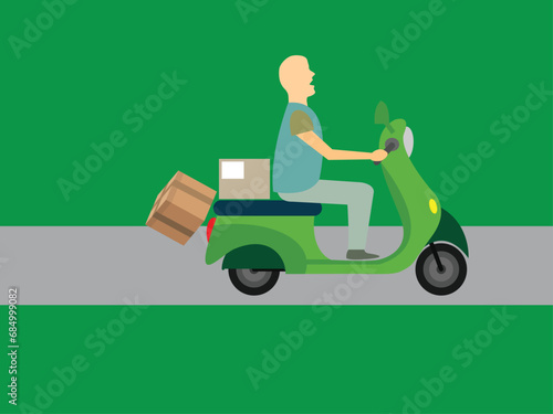 Man courier on scooter without helmet and losing one parcel