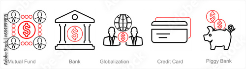 A set of 5 Finance icons as mutual funds, bank, globalization