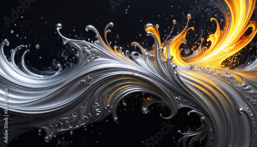 Vibrant silver and yellow paint splash with waves and drops on a black background