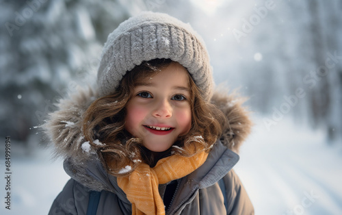 Preschool girl walking through the snowy forest on a bright morning. Cute kid in nature, forest in winter. Child, outdoor leisure.