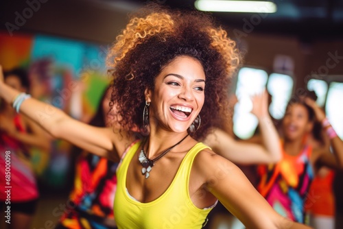 portrait of smiling woman dancing zumba training and working out. Group training  fitness  dancing