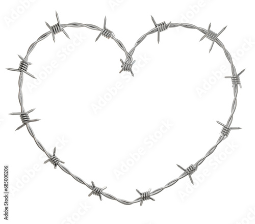 Experience the juxtaposition of strength and delicacy as barbed wire weaves into a heart shape in this 3D illustration, presented in PNG format with a transparent background. photo