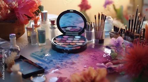 A picturesque scene featuring Makeup Setting Spray surrounded by vibrant, colorful makeup palettes, set against a dreamy backdrop.