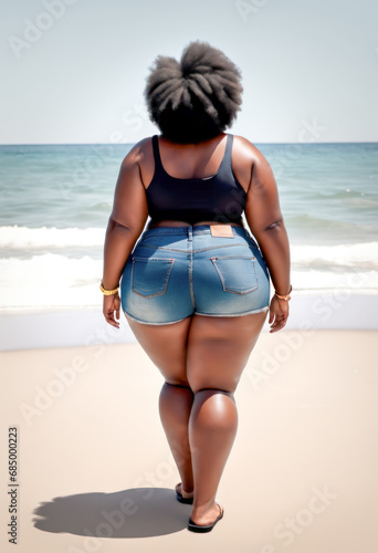 Une femme noire en surpoids à la plage portant un short en jean photo