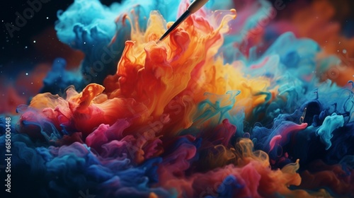 A cotton swab soaked in vibrant, colorful ink, capturing the moment it touches a blank canvas. © jannat