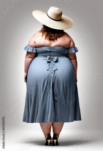 Grosse femme portant une robe dans un studio photo