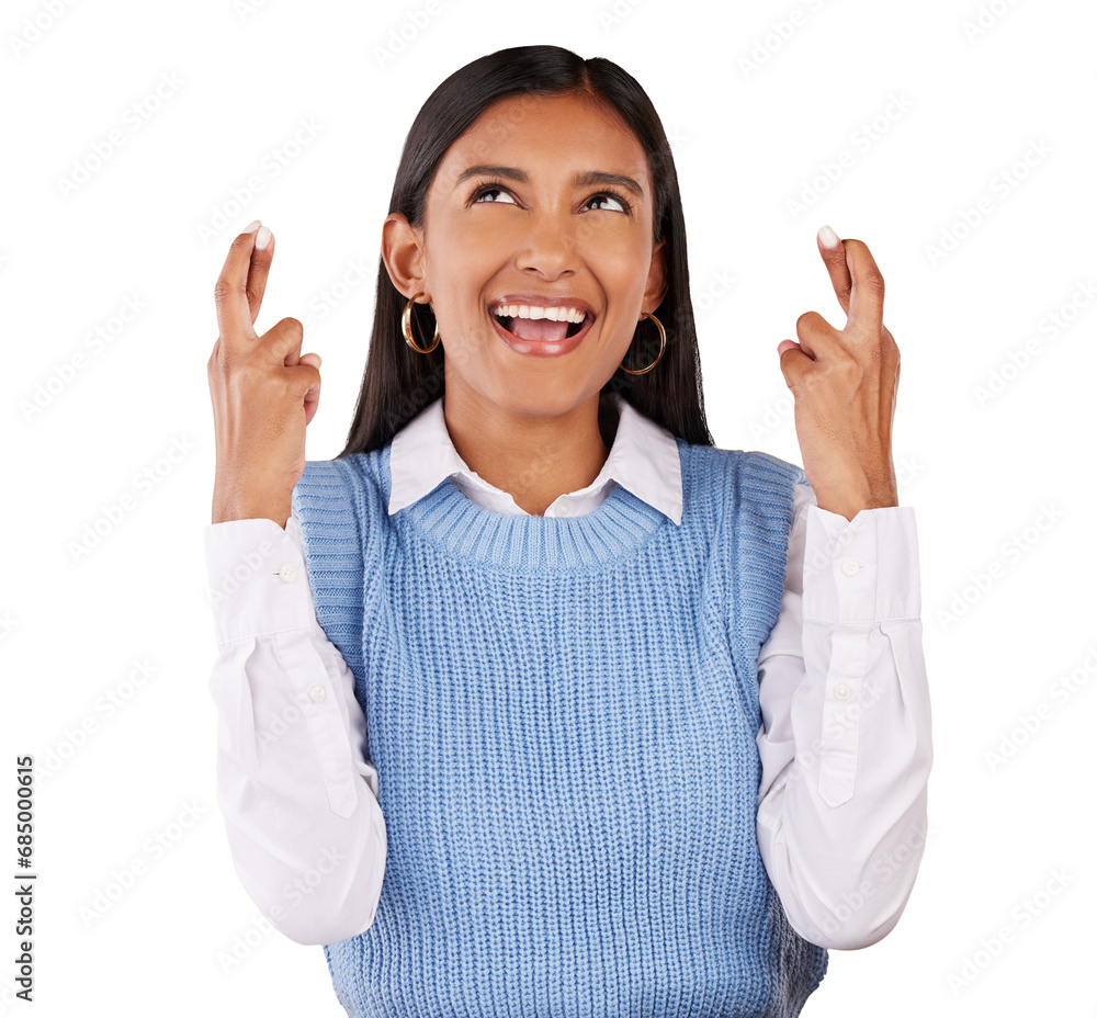 Φωτογραφία Hope, wish and fingers crossed with a happy indian woman isolated on a transparent background for good luck