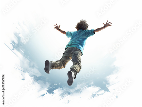junger mann kind psringt in wolke ins freie lässt sich fallen sprung bungee photo