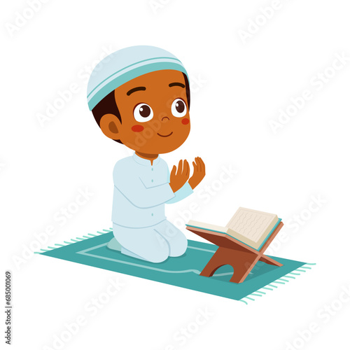 little muslim kid show pray pose and feel peace