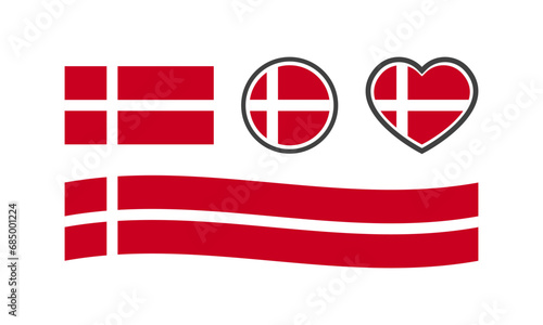 National flag of Denmark. Flat, color, national flag of Denmark in the shape of a square, circle, heart. Denmark flag for design. Vector icons