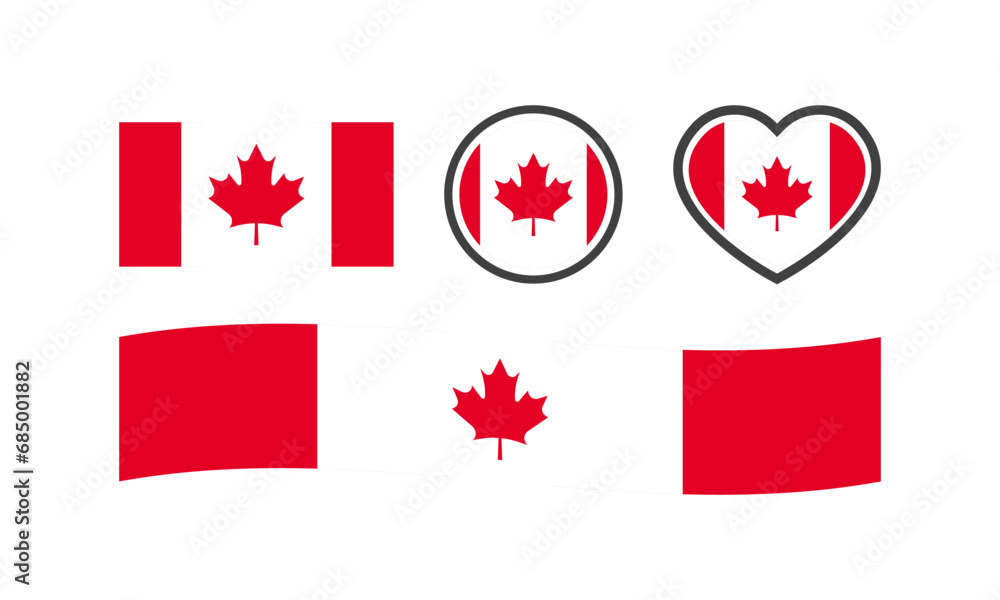 Fototapeta premium National flag of Canada. Flat, color, national flag of Canada in the shape of a square, circle, heart. Canada flag for design. Vector icons