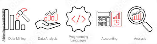 A set of 5 Hard Skills icons as data mining, data analysis, programming languages