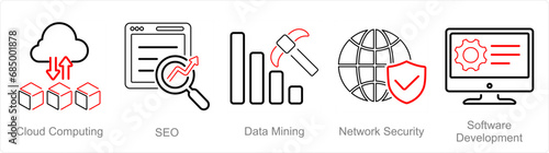 A set of 5 Hard Skills icons as cloud computing, seo, data mining