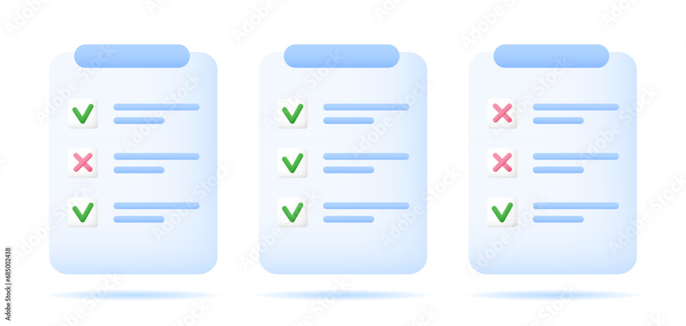 Checklist document set with done and decline checkmark tasks. Assignment icon. Business, education, management concept. Vector illustration in cartoon minimal style Checklist document set with done and decline checkmark tasks. Assignment icon. Business, education, management concept. Vector illustration in cartoon minimal style