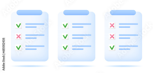 Checklist document set with done and decline checkmark tasks. Assignment icon. Business, education, management concept. Vector illustration in cartoon minimal style