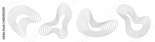 Set of 4 abstract liquid geometric shapes. Dynamical forms with lines, isolated on white background. Graphic elements. Template for poster, logo, cover design. Vector black and white illustration.