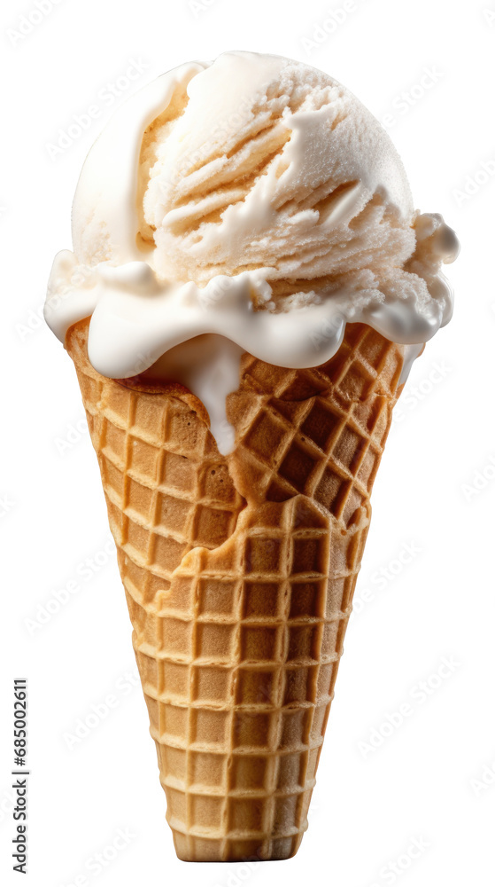 classic vanilla ice cream scoop beginning to melt over the edges of a crisp waffle cone, isolated on a transparent background classic vanilla ice cream scoop beginning to melt over the edges of a crisp waffle cone, isolated on a transparent background