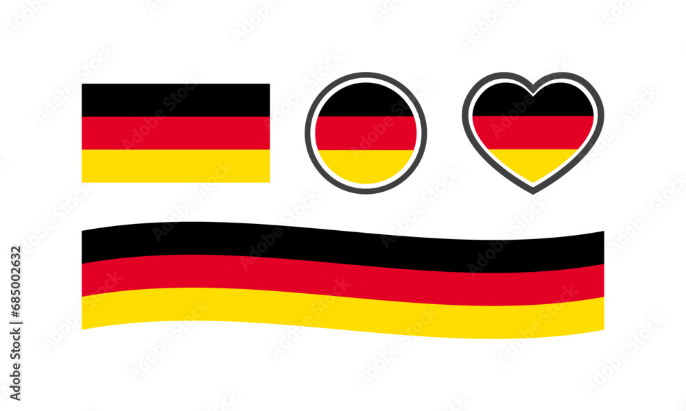 Naklejka premium National flag of Germany. Flat, color, national flag of Germany in the shape of a square, circle, heart. Germany flag for design. Vector icons