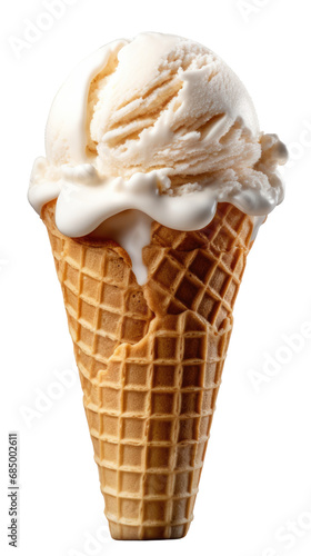 classic vanilla ice cream scoop beginning to melt over the edges of a crisp waffle cone, isolated on a transparent background