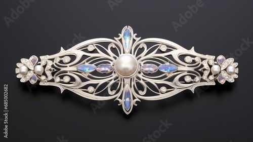 A silver hair clip with pearls and gemstones, radiating a touch of luxury.