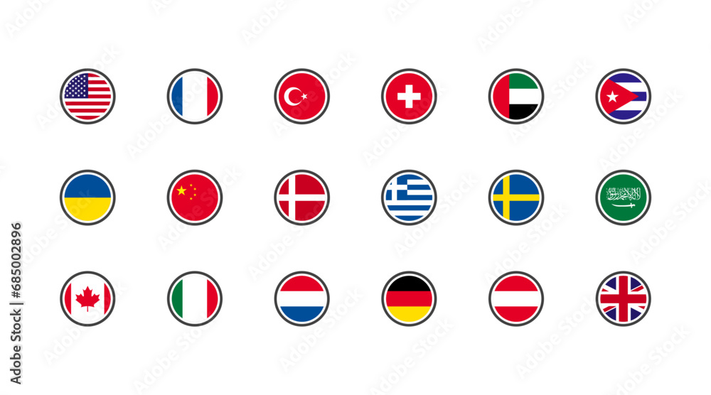 National flags of popular countries. Flat, icons symbols of country flags. National flags of countries for language design. Vector icons National flags of popular countries. Flat, icons symbols of country flags. National flags of countries for language design. Vector icons