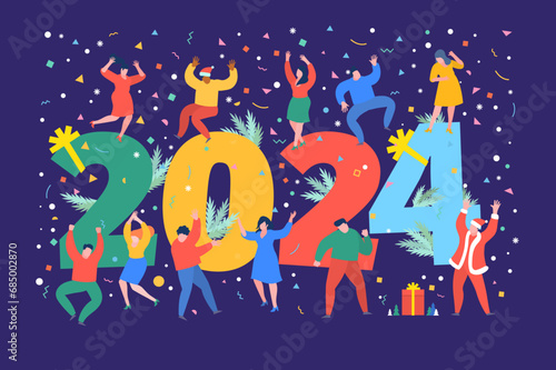 New Year party concept. Business people dance next to numbers 2024. Preparing to meet the new year.