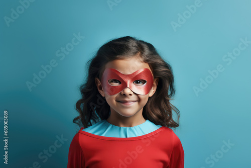a child in a superhero costume isolated on blue background