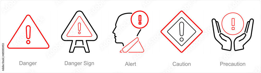 A set of 5 Hazard Danger icons as danger, danger sign, alert A set of 5 Hazard Danger icons as danger, danger sign, alert