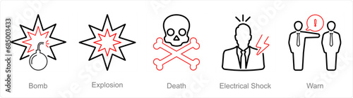 A set of 5 Hazard Danger icons as bomb, explosion, death, electrical shock