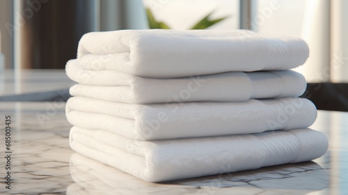 A stack of neatly folded spa towels on a marble countertop, ready for use,
