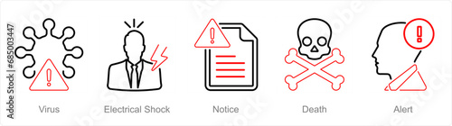 A set of 5 Hazard Danger icons as virus, electrical shock, notice