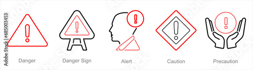 A set of 5 Hazard Danger icons as danger, danger sign, alert