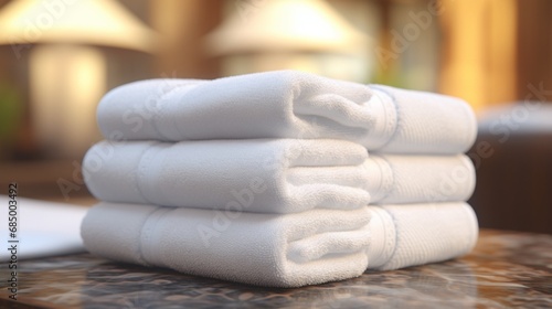A stack of plush white towels neatly folded on a spa table 