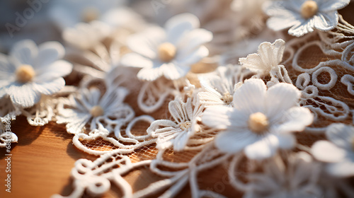 Elegant flower embroidery on wedding dress. Beautiful white plastic snowflakes close-up on a wooden background. Stunning display of white marble and gold floral intersections, revealing luxury. Wedd