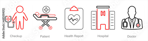 A set of 5 Health Checkup icons as checkup, patient, health report