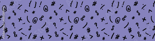 pattern with the image of keyboard symbols. Punctuation marks. Template for applying to the surface. pastel blue violet background. Horizontal image. Banner for insertion into site.
